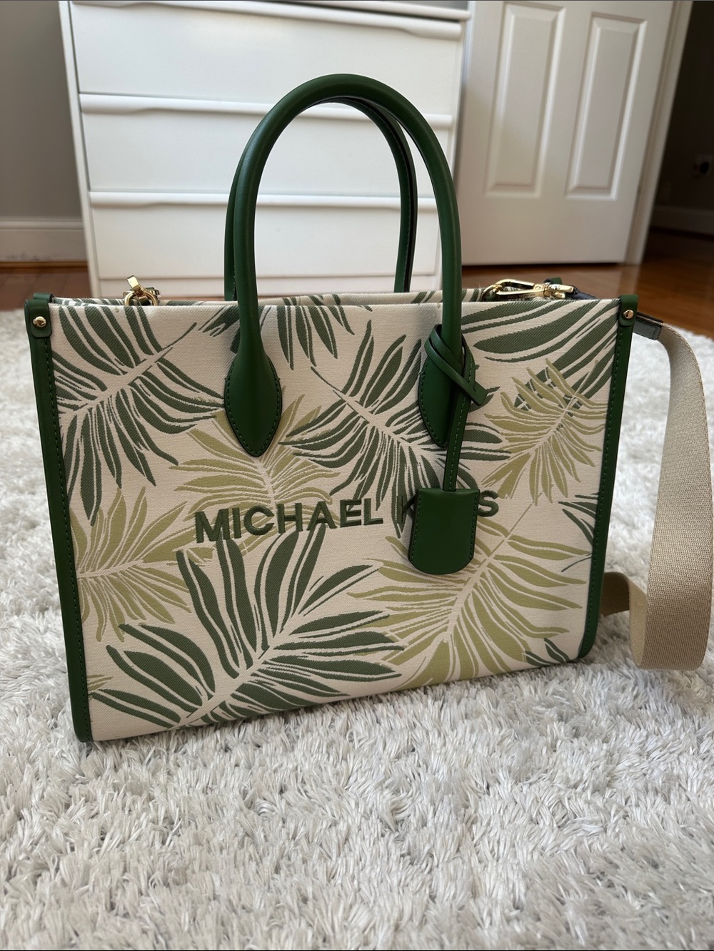 Michael Kors Green Palm-Print Canvas Tote
